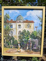 Budai tájkép olaj karton 27x33 cm olasz sárga ezüst csík képkeret külm: 28x34,5 cm B á n f i