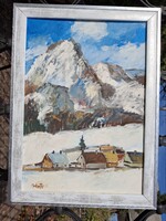 Tátra tájkép olaj karton 35x50 cm olasz fehér-ezüst képkeret külméret 41,5x56 cm B á n f i