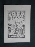 Képeslap méret,Ex Libris,Pécs,ünnepi,buék,télapó,mikulás,Szentesi Flórián grafika,1968-