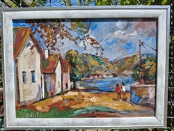 Duna Kisoroszi tájkép olaj karton 35x50 cm olasz fehér-ezüst képkeret külméret 42x57 cm B á n f i