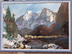 Tátra tájkép olaj karton 35x50 cm olasz kék bicolor képkeret külméret 39x54 cm B á n f i