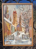 Nagybánya alakkal tájkép olaj karton 35x49 olasz terrakotta ezüst csk keret külm 37,5x51cm B á n f i