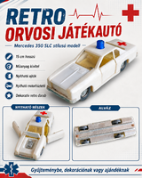 Retro orvosi játékautó, Mercedes 350 SLC stílusú, nyitható, 15 cm