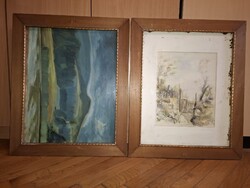 Szép, üvegezett keretpár, 52x41 cm-es fészekmérettel, akvarell festményekkel