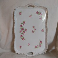 Nagy méretű antik porcelán kínáló tálca / szendvicses tál – Rózsás mintával, 39x25,5cm