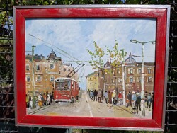 Budapest Garay ut troli tájkép olaj karton 33x43 olasz piros ezüst keret külm: 40x50 cm B á n f i