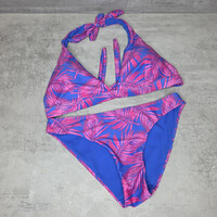 Rózsaszín levélmintás kék női bikini, L