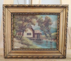 (MLF) Tájkép  festmény vizimalommal kis házikó 26x22 cm kerettel
