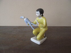 Kőbányai Drasche Art Deco porcelán figura / Pizsamás kislány bohóc babával