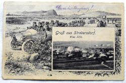 Strebersdorf / Wien - K.u.K katonai barakok, automobil - mozaik lap képeslap TÁBORI 1918