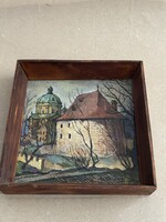 Ihor Kuljasza – „Lőportorony” jelzett eredeti olajfestmény fára festve (16x16 cm)