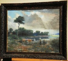(K) Ismeretlen festő (20.sz. eleje) : Alkonyi táj tehenekkel