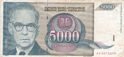5.000 Dinár 1992  Jugoszlávia   A képen látható állapotban
