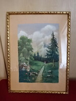Akvarell kép 1941-ből, erdei ösvény, szignó: Somogyi. Jókai