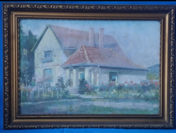 Matusek István (1926) - Ház virágos kerttel | Eredeti porpasztell kép, fa keretben, hibátlan