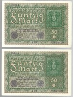 3 x 50 márka 1919 Reihe 1. sorszámkövetők Németország egy gyenge hajtás középen.