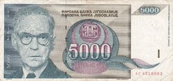 5.000 Dinár 1992  Jugoszlávia   A képen látható állapotban