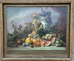 Nagyméretű olaj csendélet vásznon – díszes aranyozott keretben (102×93 cm)