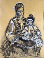 Mattioni Eszter (1902 - 1993) ANYA KILEÁNNYAL NÉPVISELETBEN