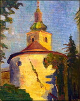 Nagybányai iskola / Erdélyi mester (1910–1930 körül) : DÉLUTÁNI FÉNYEK TEMPLOMTORNYON