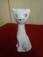 Német porcelán figura, zöld szemű macska, magassága 11 cm. Jókai