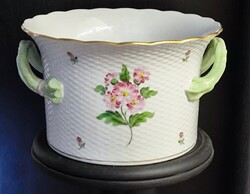 Herendi kézzel festett, virágos kosármintás nagyméretű füles porcelán kaspó