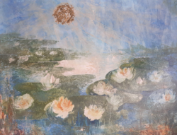 Cseh Éva: Tópart, kerettel 70x60 cm - eredeti jelzett olajfestmény - Színes vízparti táj