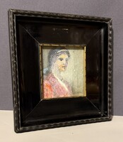 Antik női portré fatáblán, korabeli Brandscheid tölcsérkeretben, üvegezve (22x22 cm)