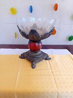 Elegáns antikolt talpas üvegtál / asztalközép