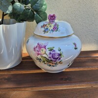 Herendi porcelán bonbonier rózsafogóval, szász mintás, kézzel festett, jelzett, hibátlan