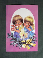 Képeslap,Füzesi Zsuzsa grafika,rajz,gyerek modell,ünnepi,karácsony,1985-