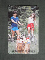 Kártyanaptár,Kunság Füszért,konzerv,Csepel kemping kerékpár,férfi,női modell, 1985   (8)