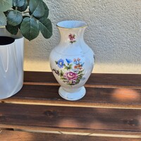 Herendi porcelán váza, kézzel festett szász virágcsokros dekor, aranyozott, jelzett, 15 cm