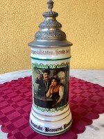 Nagy méretű ón fedeles porcelán sörös korsó 28 cm.