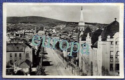 Pécs - Ferenc József út madártávlatból, húsbolttól - régi  fotó képeslap