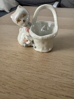 Vintage kerámia cica figura kosárral / Retró cicás mini kaspó