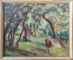Hangulatos erdei életkép tehénnel és pihenő alakokkal - Olajfestmény (85x65 cm)