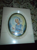 Antik miniatúra. Csont kerettel-szép aprolékos munka  18 cm X 15 cm- festett betét 11 cm X 9  cm