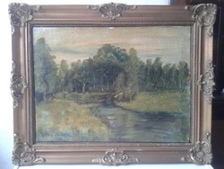 IMPRESSZIONISTA STILUSÚ MAGYAR  SZABÓ szignált FOLYÓPARTI TÁJ keretezve-37X47 cm