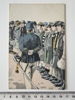 -AX801- Sorozás bevonulás újoncok katonai karikatúra I. világháborús színezett grafika képeslap