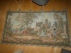 Nagyon szép állapotú faliszőnyeg, romantikus jelenet vízimalommal, réz karnissal és karnistartóval