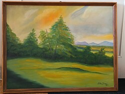Csóka József 75x58 tájkép- olajfestmény . Kisautó, játék csere is érdekel