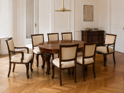 Prémium restaurált, bővíthető dió étkezőgarnitúra 8 székkel