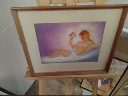 (K) Női akt pasztell kép 43x36 cm kerettel