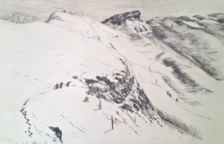 Lénárd Róbert (1879-1936): Sípálya (rézkarc) alpesi táj, téli sport, Dolomitok hegység, Alpok