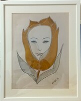 Prima díjas művésztől aranyozott rajz. 53x43cm.-es külső méret.Tulipánlány.Károlyfi Zsófia/1952
