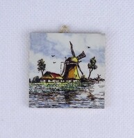 2B200 Régi kisméretű szélmalmos holland Delft majolika falicsempe díszcsempe 4.8 x 4.8 cm