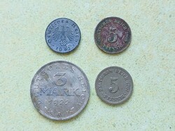 Németország 4 db Különböző Érme 1 5 Pfennig 3 Márka 1907-1942