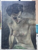 Női akt zöld lepellel - olajfestmény, Ferenczy Károly jelzéssel (49x70cm)