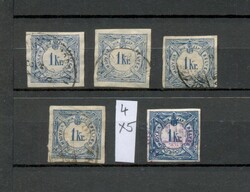 M30 - 1868 Hírlapilleték 1 kr, 5 db-os tétel – Ia vízjel, eltérő keretméretek és árnyalatok